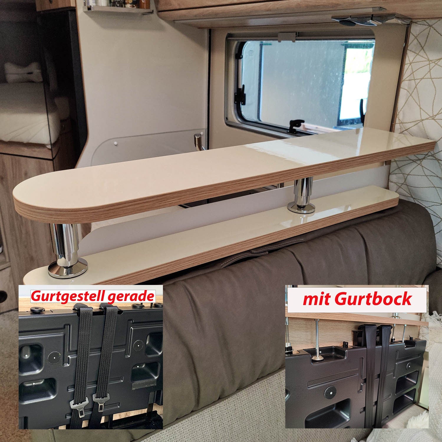 3426-2-teiliges Ablageboard für Euramobil Modelle - Magnolie Hochglanz mit Kante in Rüster Salisbury / ohne Reling / Gurtgestell gerade