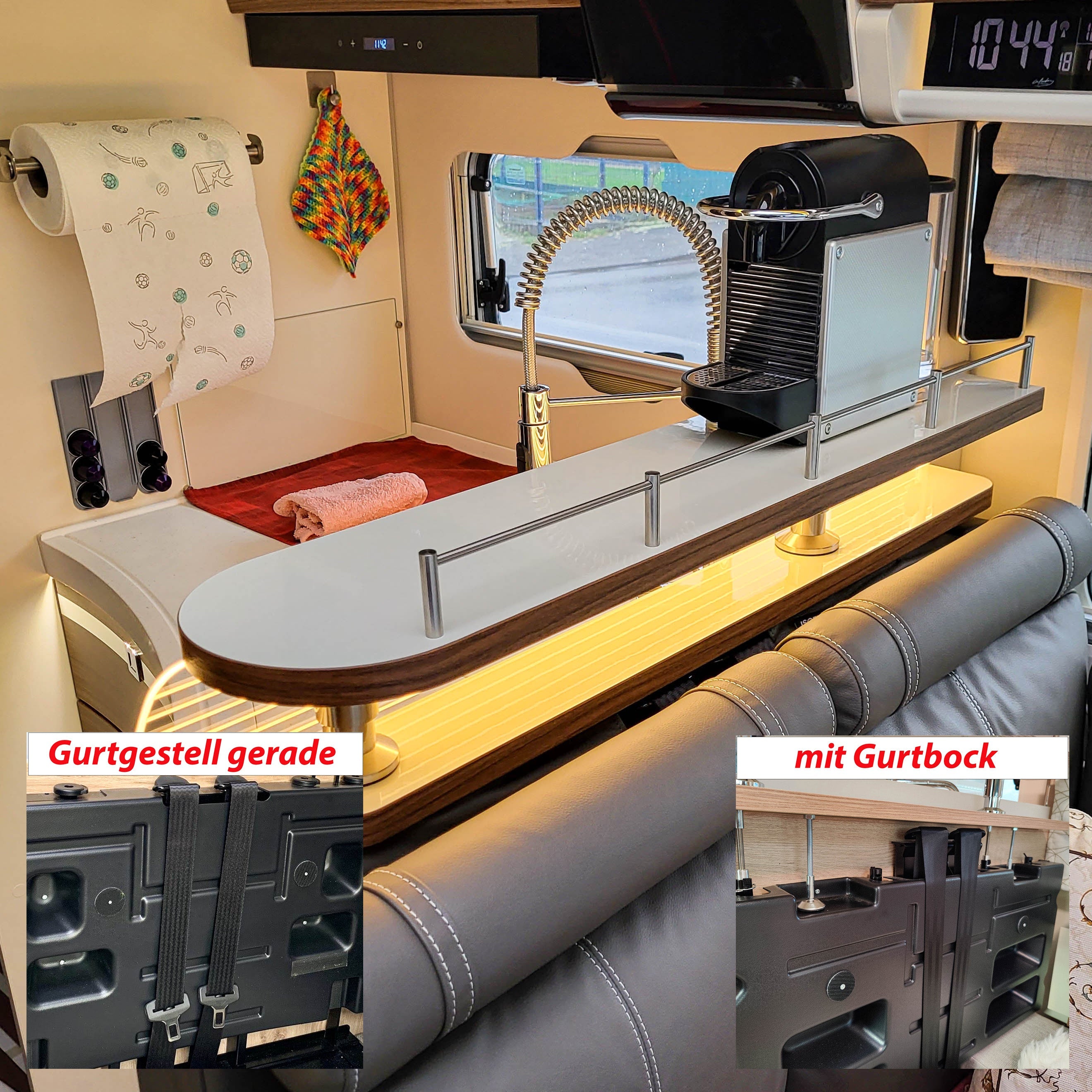 3430-2-teiliges Ablageboard für Euramobil Modelle - Magnolie Hochglanz mit Kante in Madison Walnut / mit Reling / Gurtgestell gerade